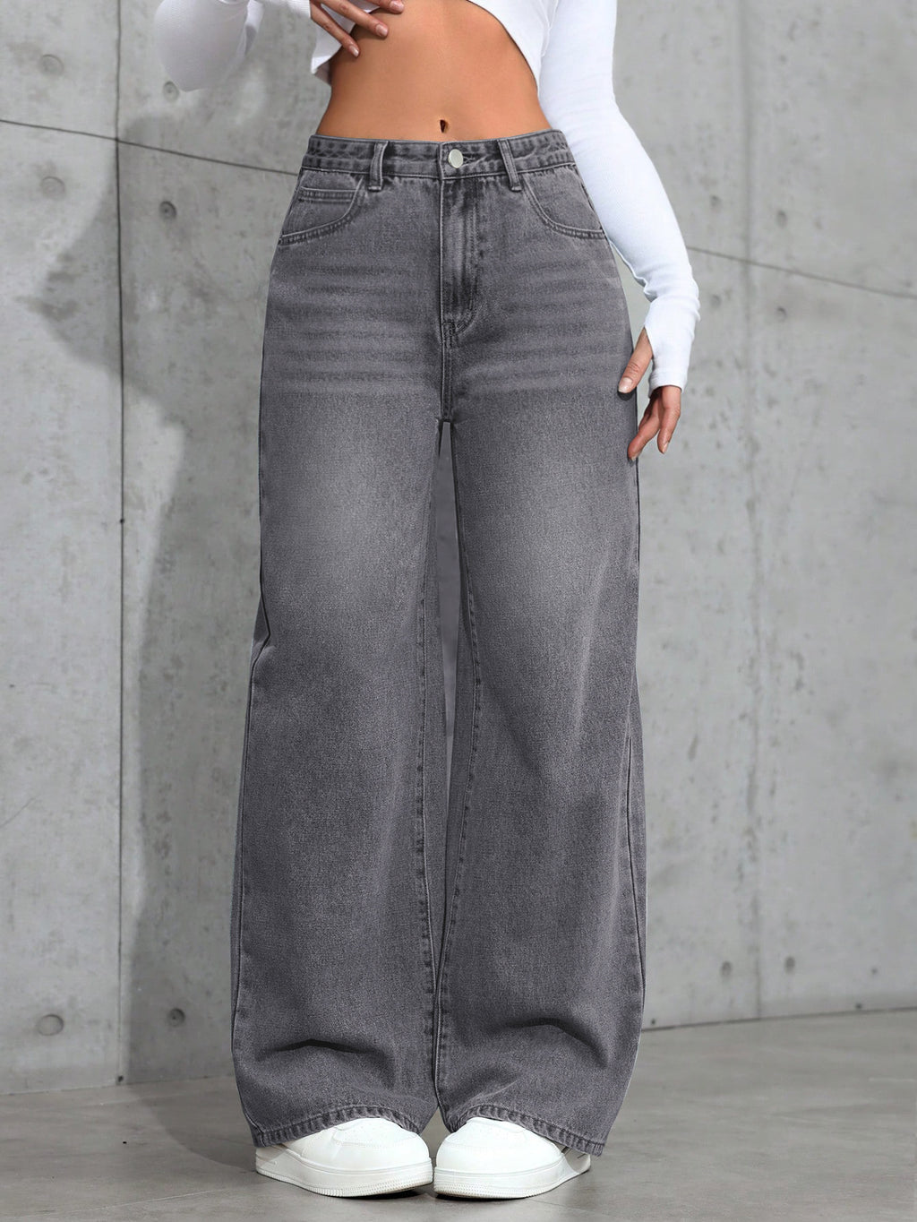 European And American-style Vintage Gray Washed Wide-leg Womens Jeans