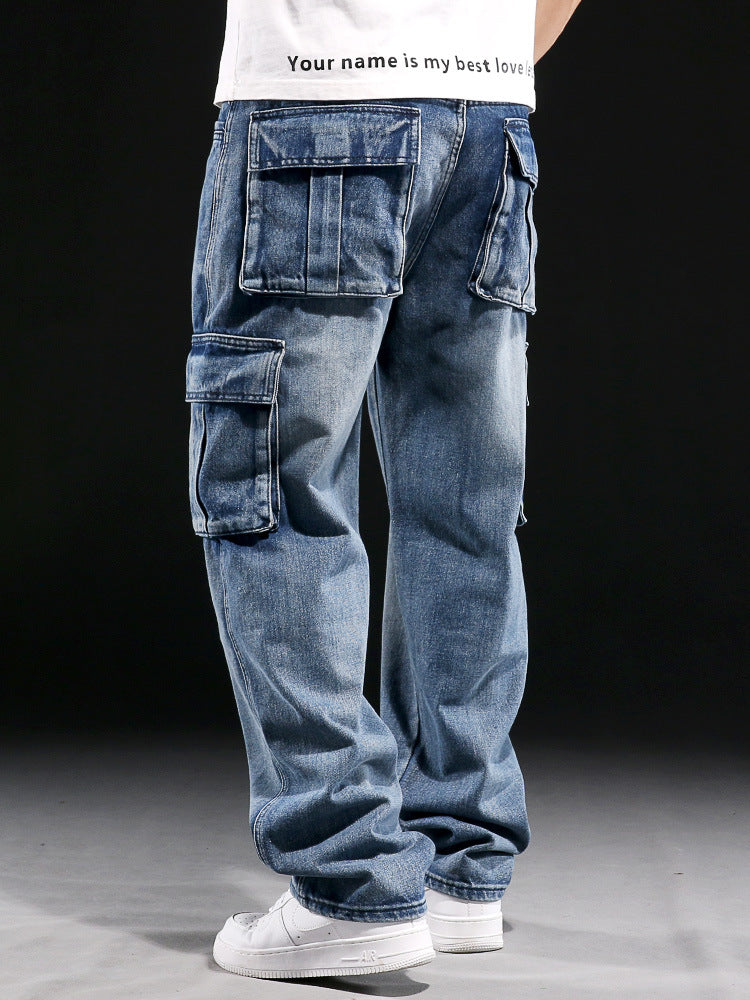 American-Style Wide-Leg Workwear Jeans with Multiple Pockets