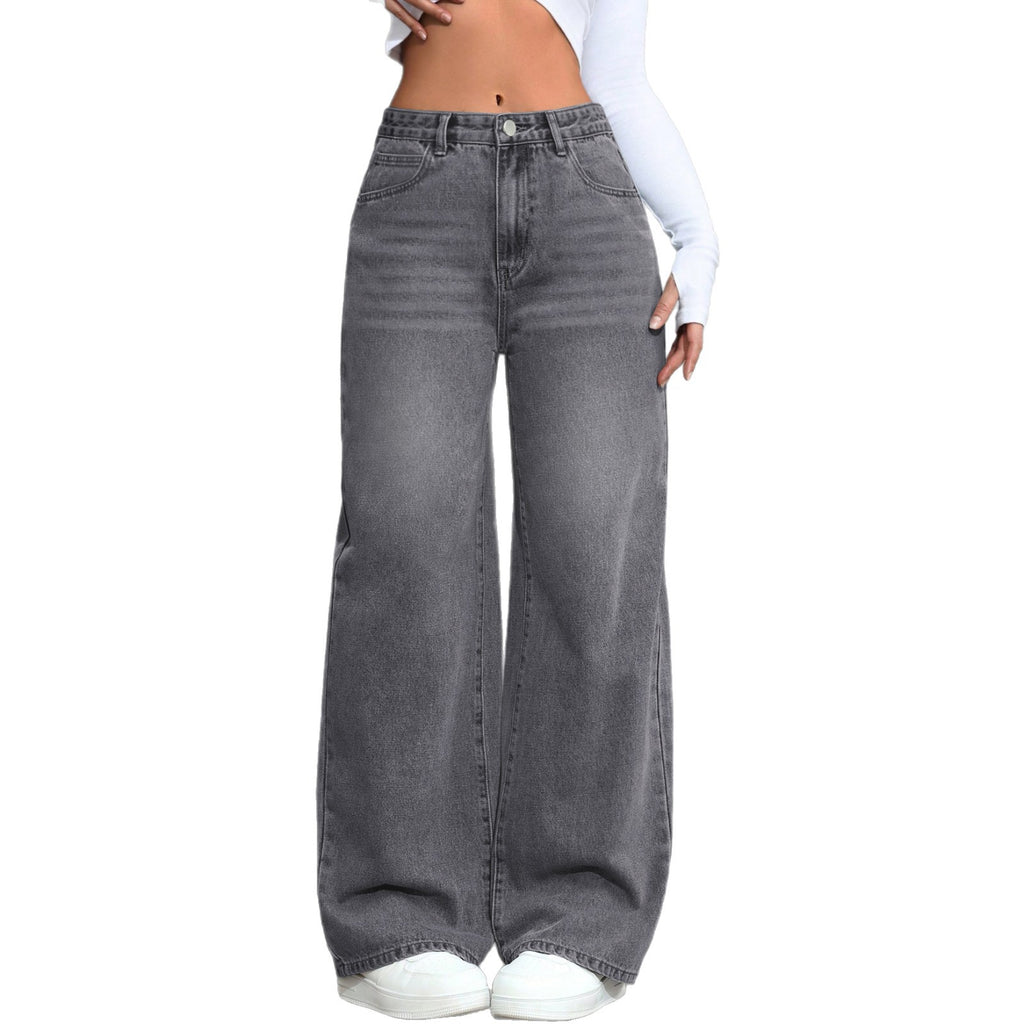 European And American-style Vintage Gray Washed Wide-leg Womens Jeans