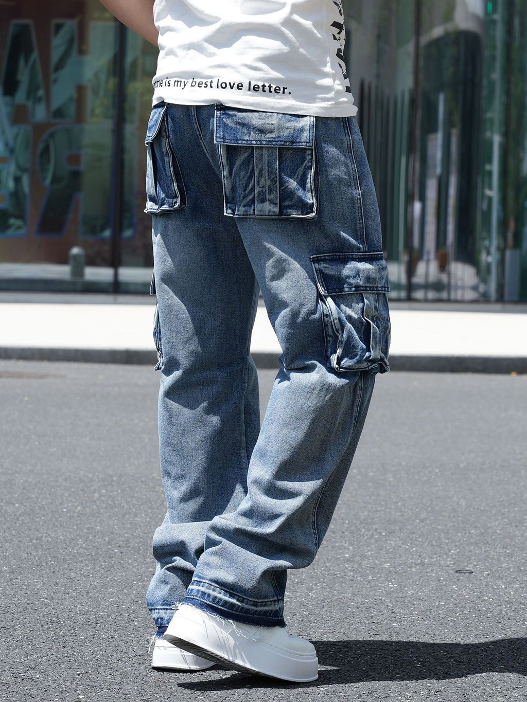 American-Style Wide-Leg Workwear Jeans with Multiple Pockets