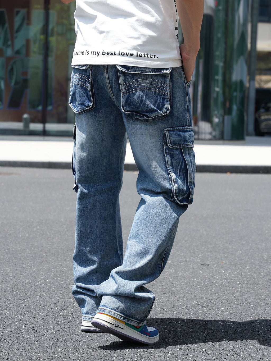 American-Style Wide-Leg Workwear Jeans with Multiple Pockets
