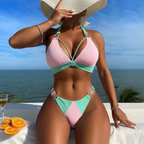 Adjustable Strap Color Block Swimwear Bikini Set