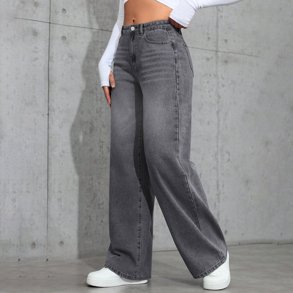 European And American-style Vintage Gray Washed Wide-leg Womens Jeans