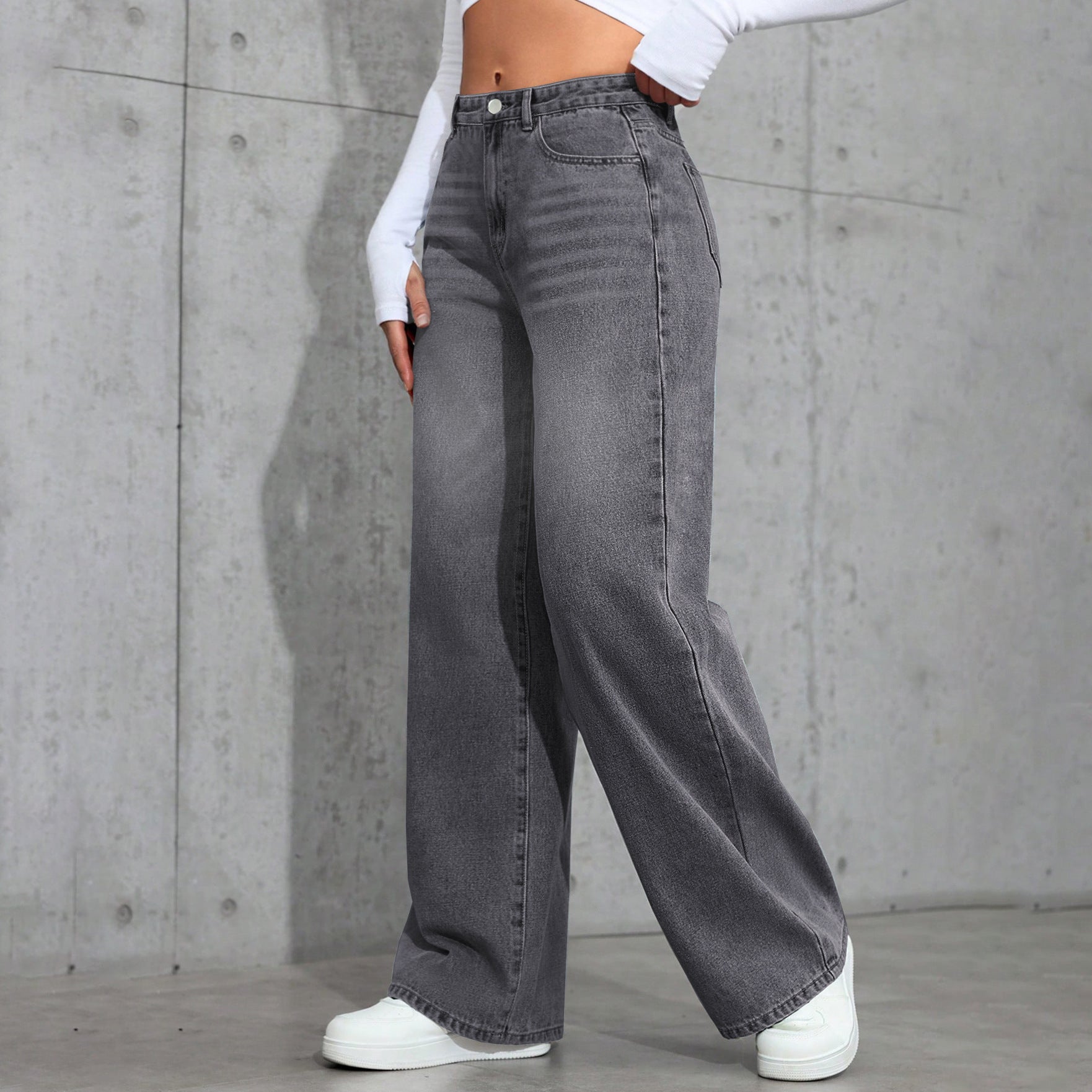 European And American-style Vintage Gray Washed Wide-leg Womens Jeans