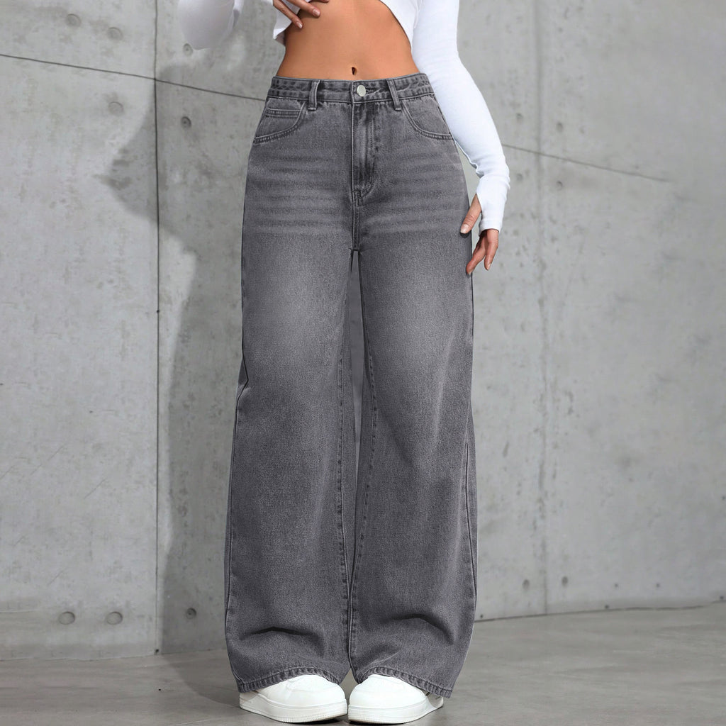 European And American-style Vintage Gray Washed Wide-leg Womens Jeans