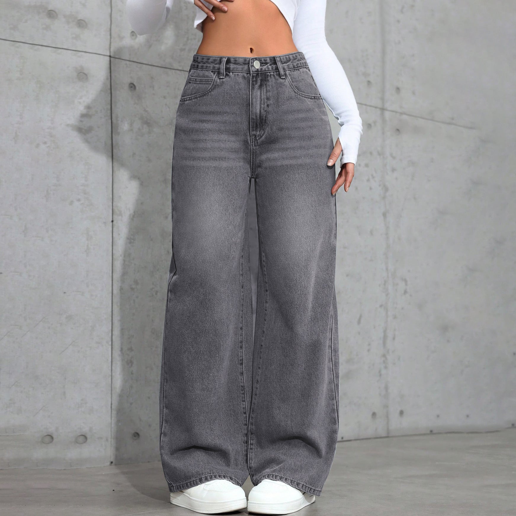 European And American-style Vintage Gray Washed Wide-leg Womens Jeans
