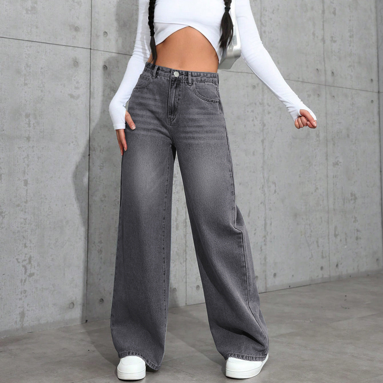 European And American-style Vintage Gray Washed Wide-leg Womens Jeans